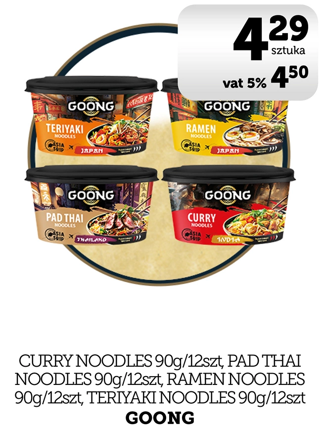 GOONG Curry Noodles 90g, Pad Thai Noodles 90g, Ramen Noodles 90g, Teriyaki Noodles 90g